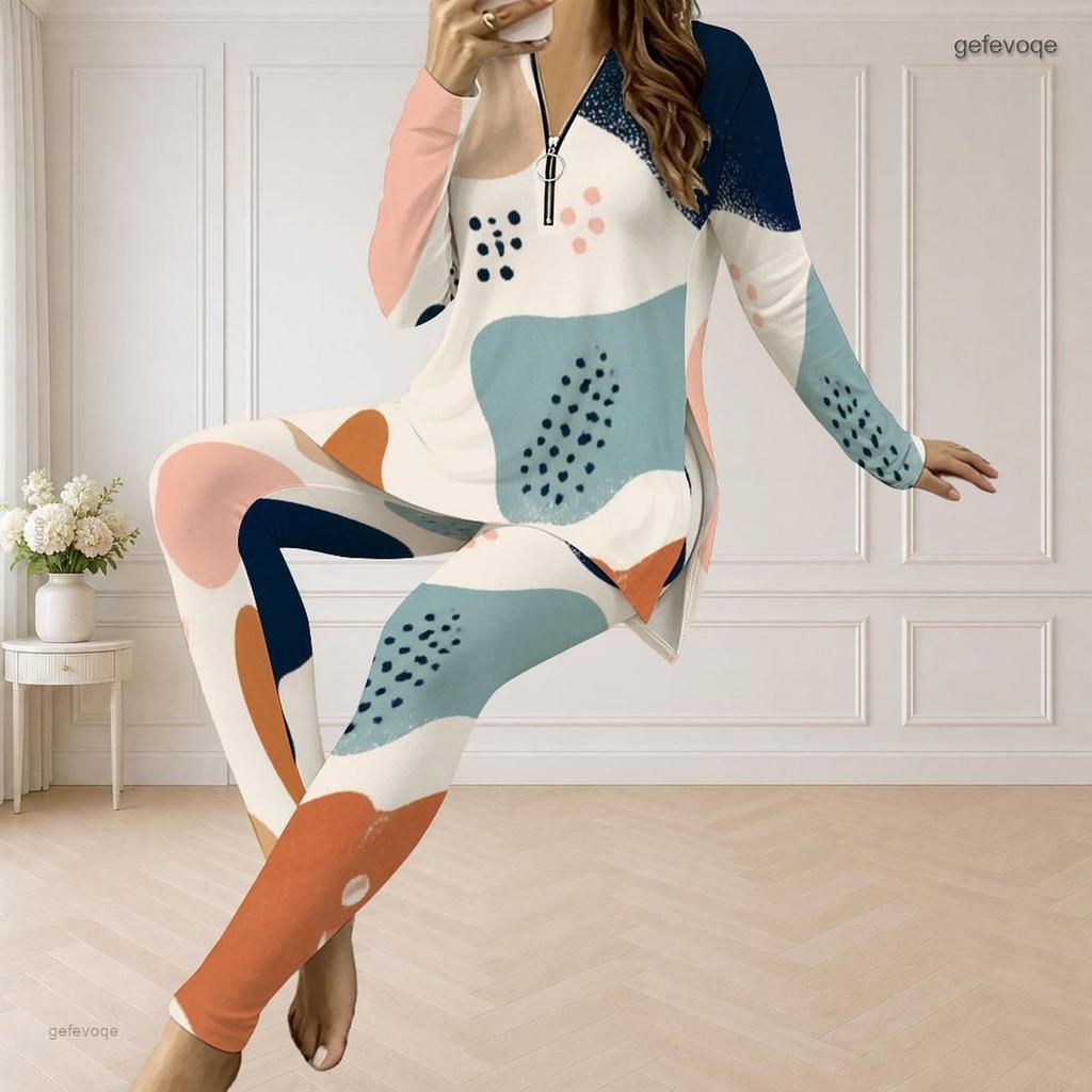 Women Plus Size Front Zip Long Sleeve Printed Longline Top Fitted Pants Two Piece Set