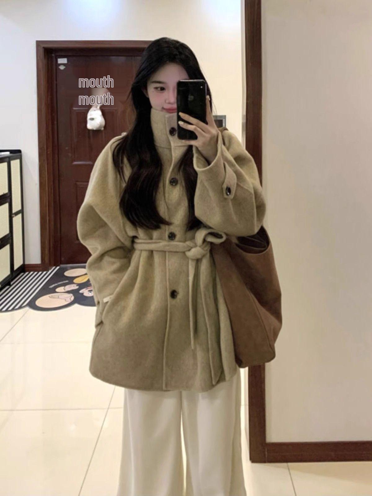 2025 Stylish Petite Korean Khaki Wool Coat: High-End, Elegant Late Autumn/Early Winter Design S хаки
