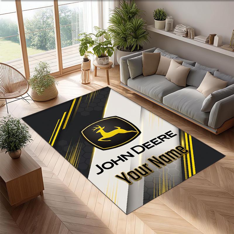 John Deere Crystal Velvet Rug, Custom Name Text Personalized Non‑Slip Floor Mat for Home Decor Gift