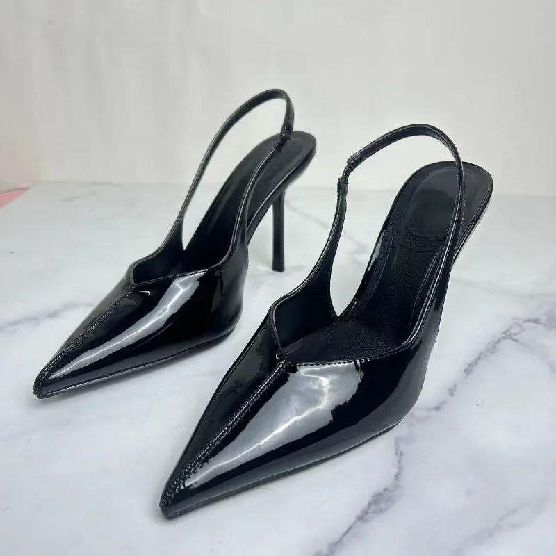 

Fashion Versatile Summer High Heels Women Modern Sandals Patent Leather Concise Design Slip on Pointed Brand Designer Female Dress Shoes 36