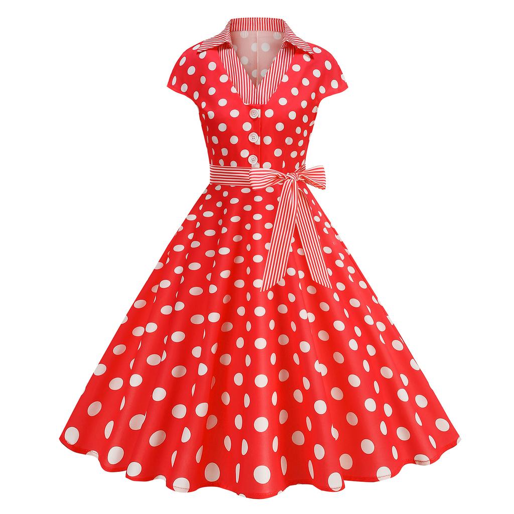 Damen Vintage Reverskragen Patchwork Polka Dot Ausgestelltes Kleid mit gestreiftem Taillengürtel Knopfleiste Vorne Retro Stil Swing Kleid