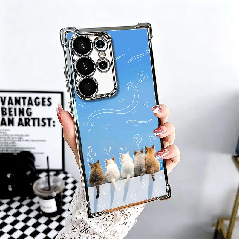 Cat Cute Kitten Cartoon Plating Phone Case For Samsung Galaxy S24 S25 FE S26 Edge S23 Ultra S22 S21 Plus S20 Anti-Fall Airabag C