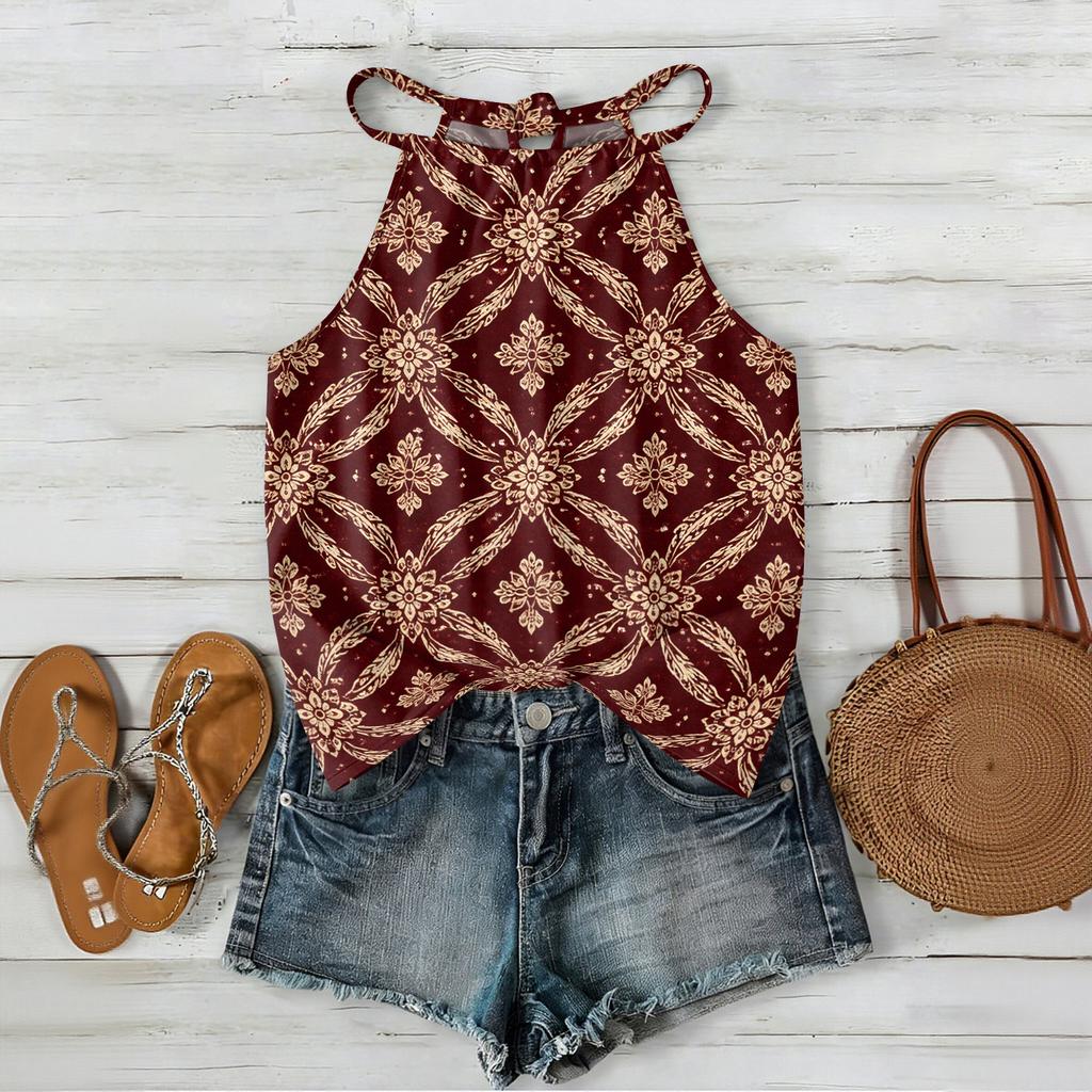 Women Sleeveless Bohemian Tank Top Geometric Print Casual Summer Beachwear Lightweight Blouse with Adjustable Straps and Back Button Closure