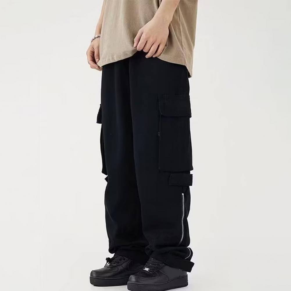 Herren Cargohose Reißverschlussdeko Locker Weites Bein Gerades Bein Mehrere Taschen Unifarben Volle Länge Kordelzug Elastischer Bund Streetwear M