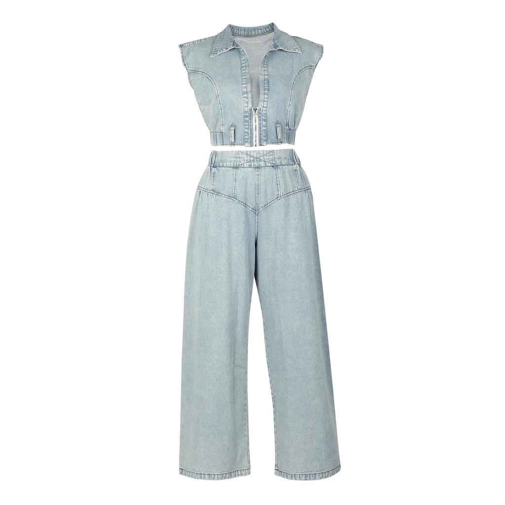 European and American Women's Sleeveless Denim Jeans Two-Piece Suit - Sexy, Loose, Straight Leg Summer Outfit