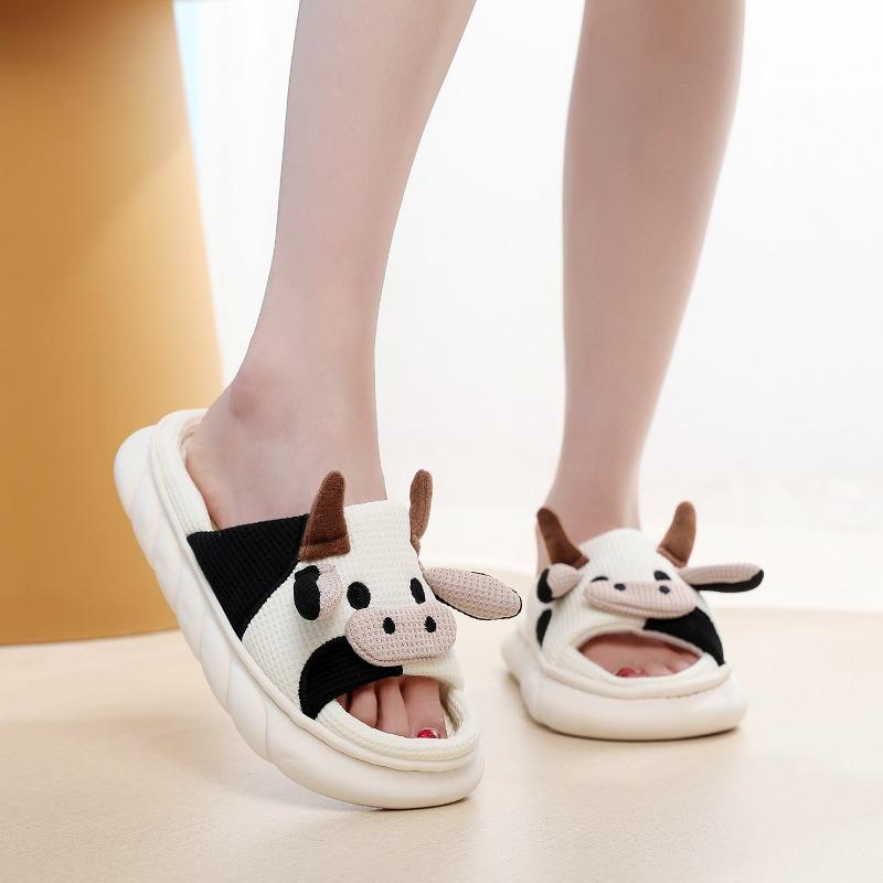 Sandales Claquettes Unisexes Mignonnes Vache Dessin Animé 3D Semelle Épaisse Respirantes Pantoufles en Lin pour l'Intérieur