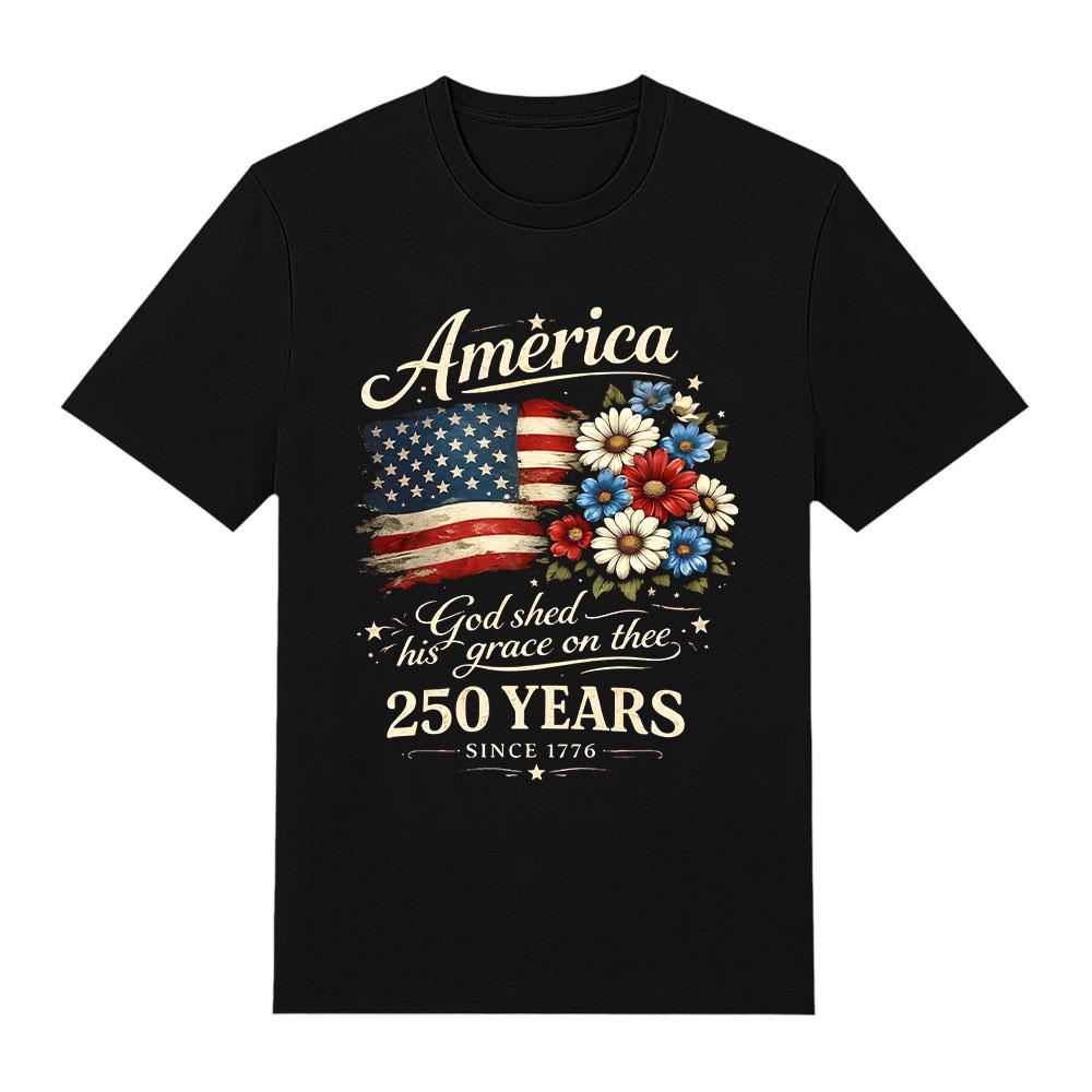 America Freedom 250 Years Flag Floral Graphic Tshirt Celebrate 250th Anniversary Tee Y2K Pure Cotton Short Sleeve Unisex T-shirt XS чёрный
