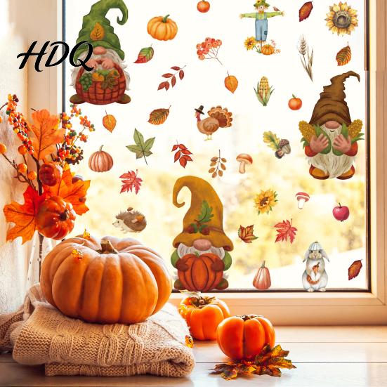 Office Glass Partition Decorations 9Pcs Fall Gnome Static Window Clings Thanksgiving Maple Leaf Turkey Pumpkin Autumn Decals PVC Stickers,