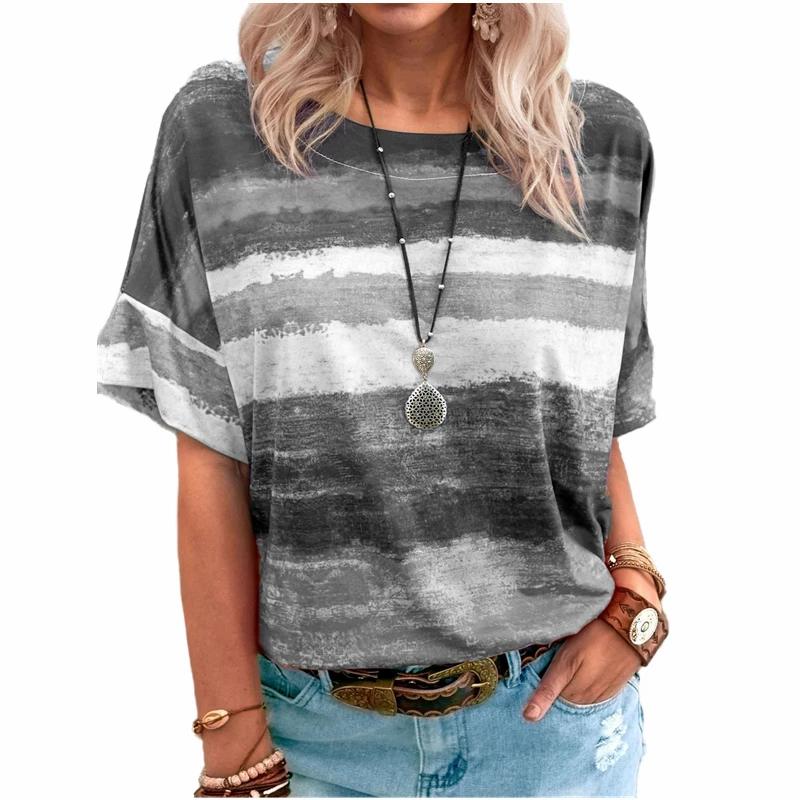 

Летняя одежда больших размеров для женщин с круглым вырезом и контрастными полосками, винтажная футболка, повседневная свободная туника с коротким рукавом S серый