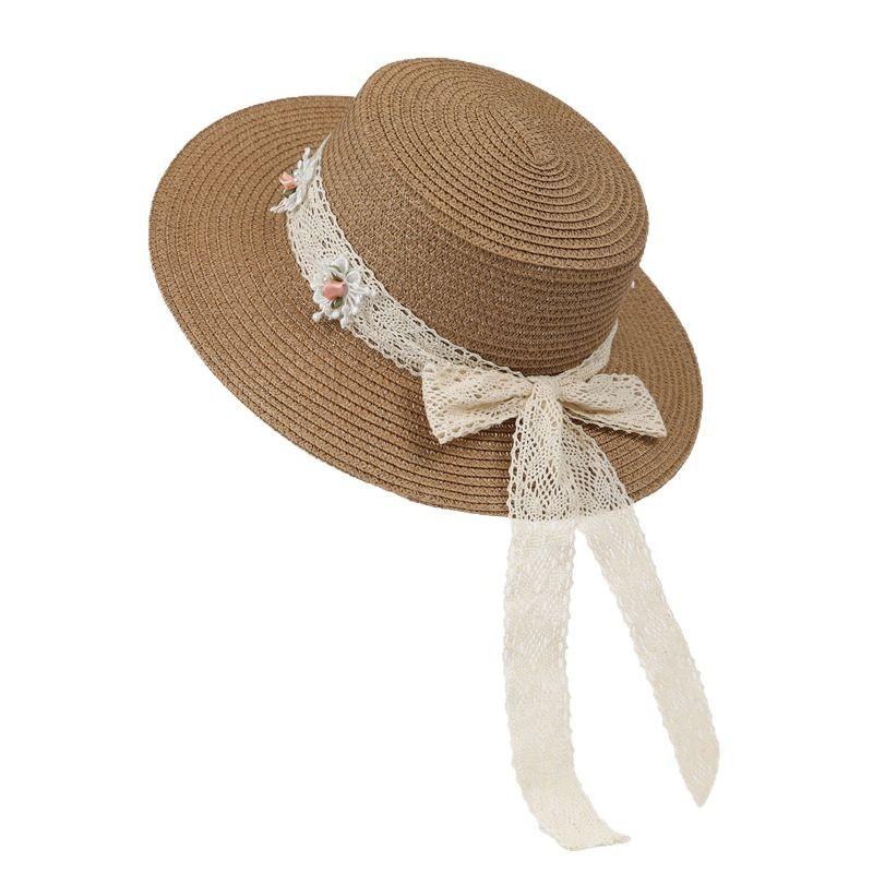Bow Flat Top Straw Hat Women'S Summer Flower Lace French Top Hat Seaside Sunshade Sunscreen Straw Hat
