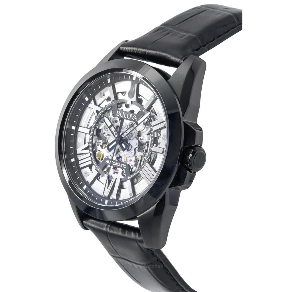 BULOVA Klassische Sutton Lederarmband Silbernes Skelettzifferblatt Automatik 98A304 100M Herrenuhr