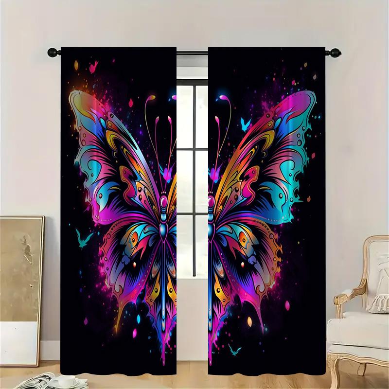 

2 шт. Занавески «Мечтательные бабочки», Яркий принт крыльев в синих и розовых тонах, Блэкаут шторы для спальни или гостиной, Вдохновляющий домашний декор 107cmX160cmX2pcs&Without mount