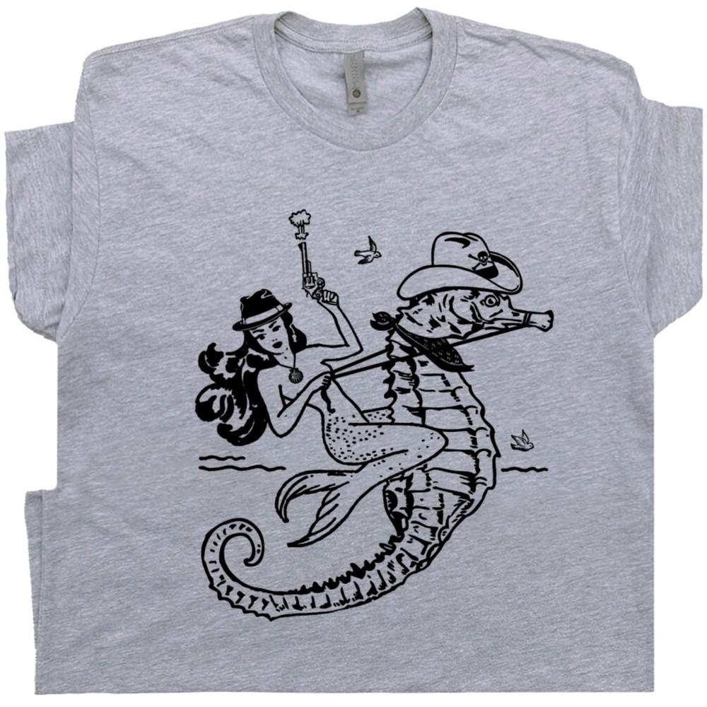 

Mermaid T Shirt Cowgirl Vintage Rodeo Tee Cool Country Outlaw Men Women Seahorse 4XL