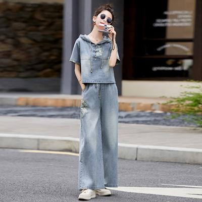 Denim Wide-leg Pants Set Women's Summer New Age-reducing Temperament Thin Casual Two-piece Set