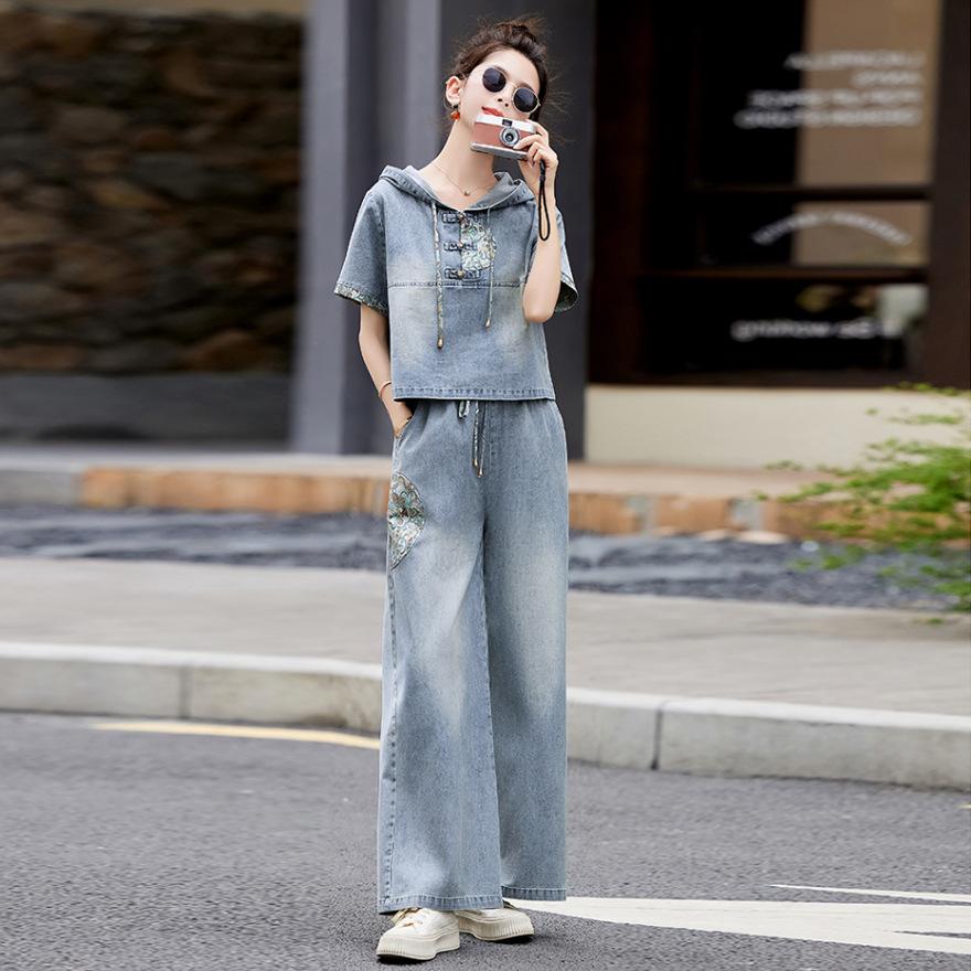 Denim wide-leg pants set women's summer new age-reducing temperament thin casual two-piece set