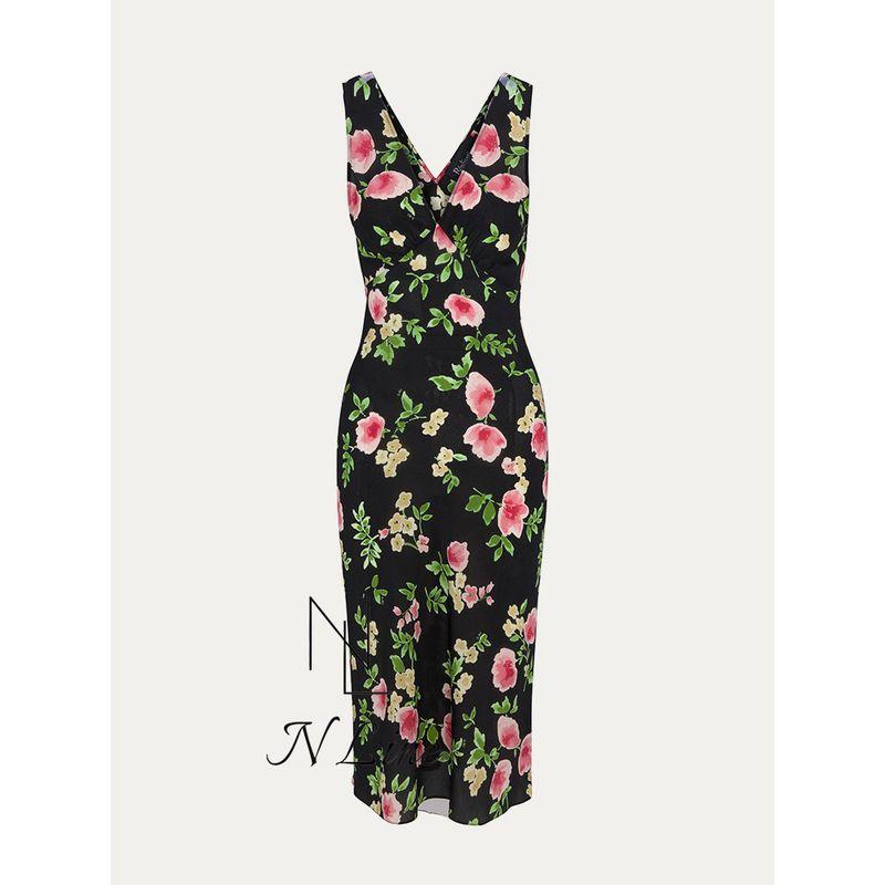 

Модное прямое платье-пикап Realisationpar французское без рукавов с глубоким V-вырезом с принтом из шелка для отпуска с цветочным узором Black XL