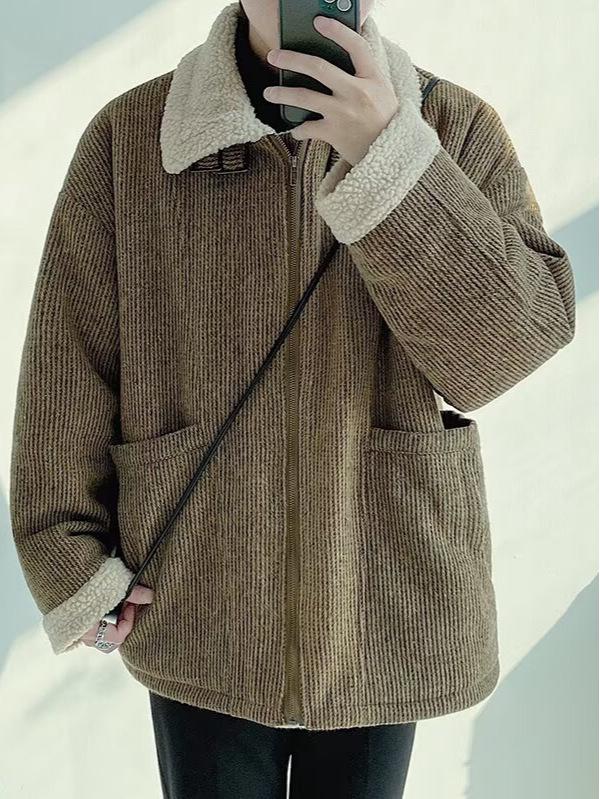 Herren Lammwolle Winterjacke, Samtgefütterter Wollmantel, Retro Amerikanischer Stil, Warme Streetwear Cool Reversjacke.