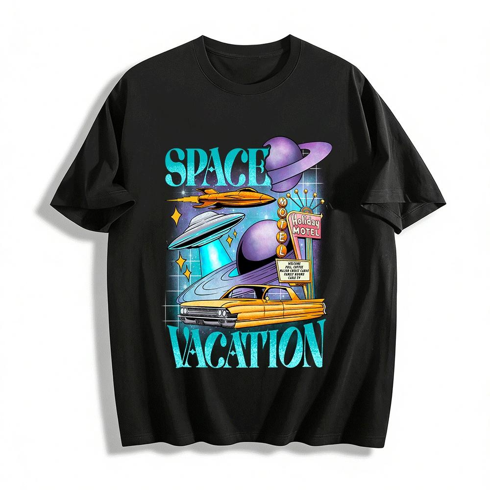

Retro Space Vacation Print Tee Sci-Fi Motel Nostalgic Top Pure cotton T-shirt XXS