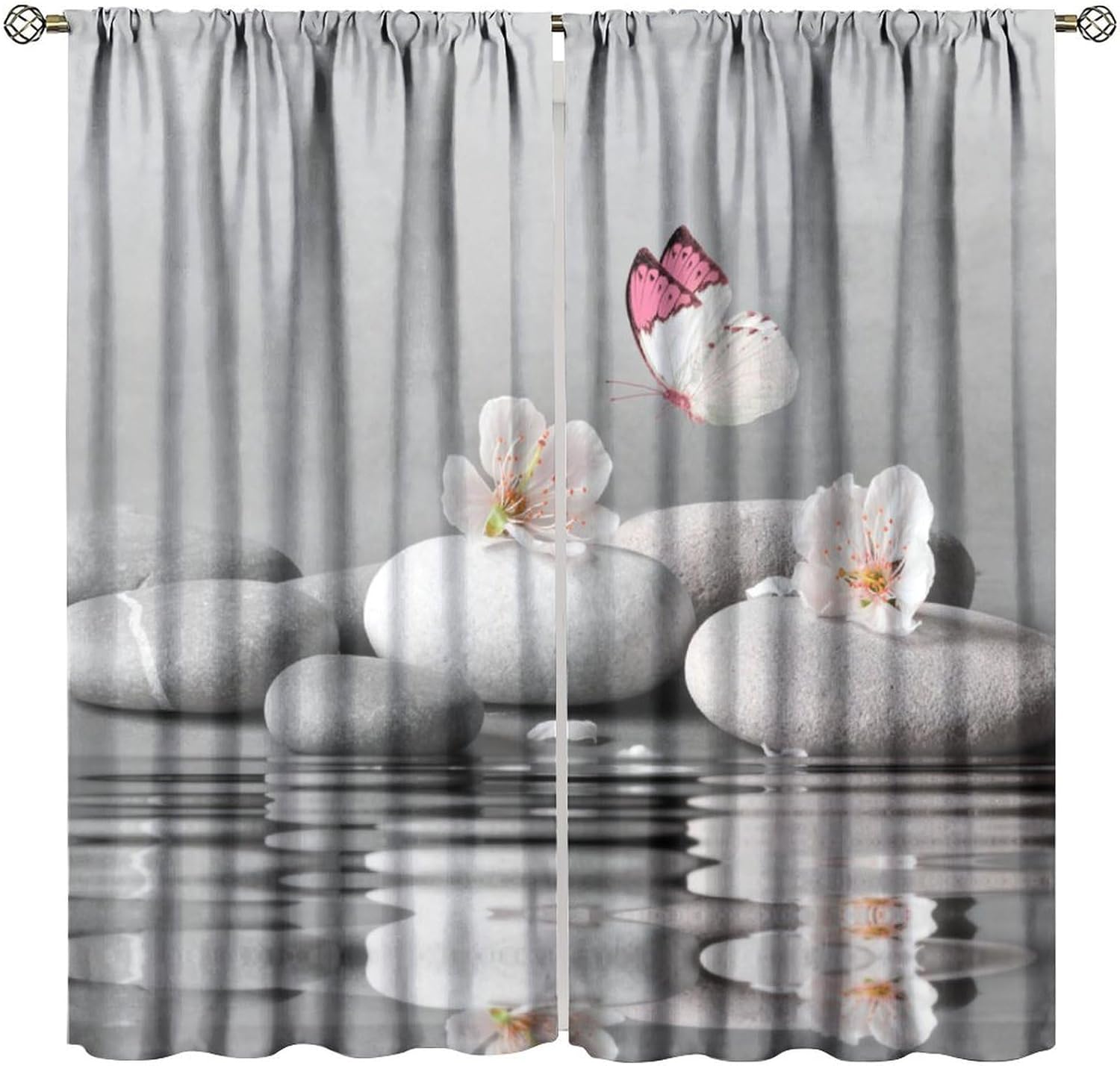 

Zen Stone Blackout Curtains Pink Floral Butterfly Modern Spa Theme Window Drapes for Bedroom Living Room 42 W X 54 L 100*130 HOOK 1pcs