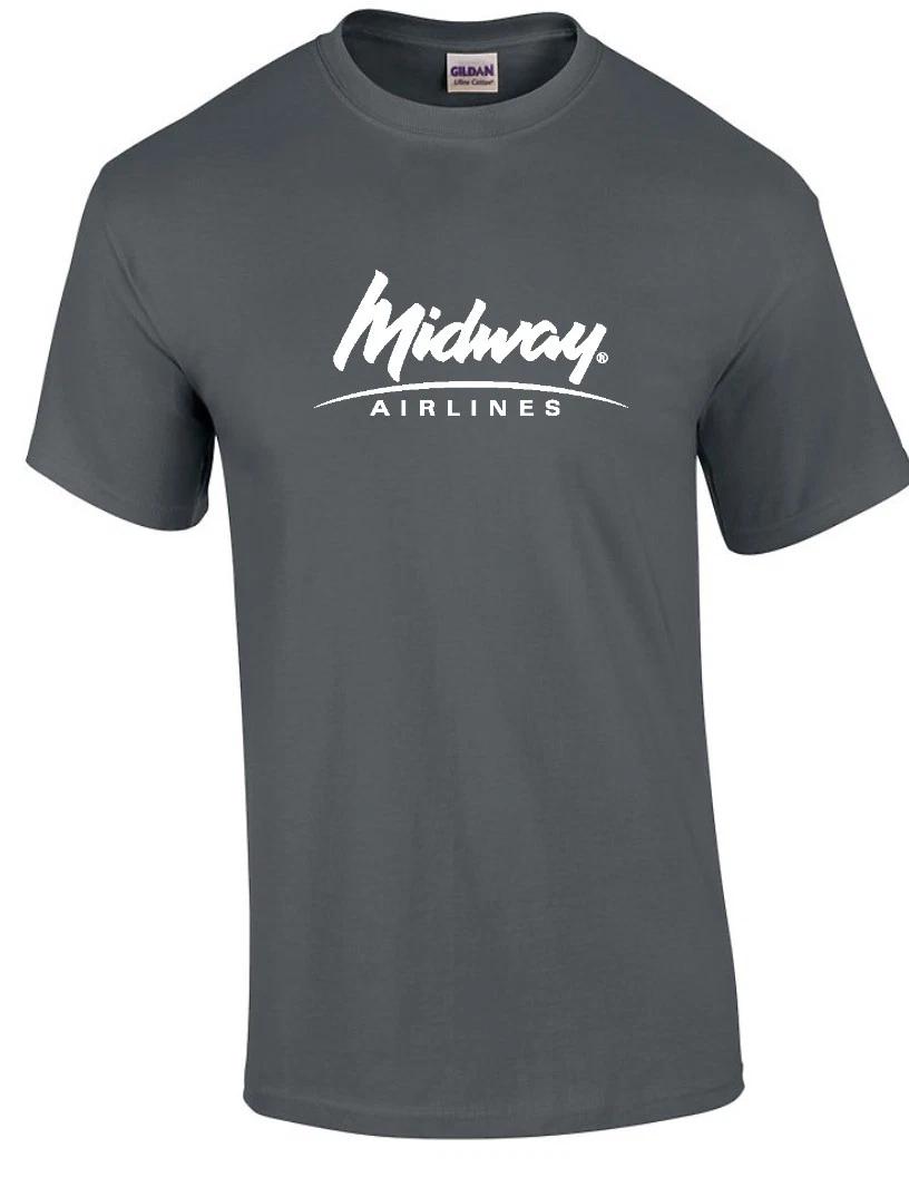 Midway Airlines White Logo US Aviation Airline Charcoal Gray Cotton T-Shirt M