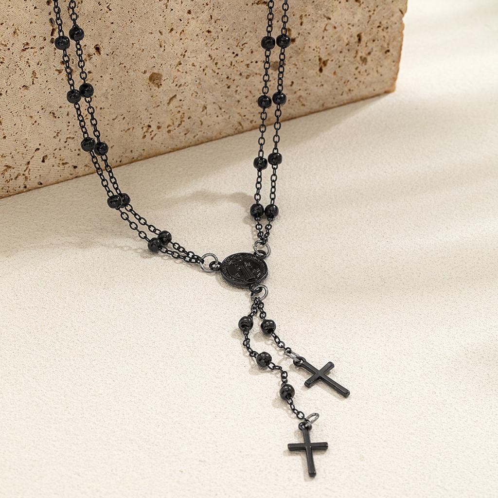 1 Gothic dark style Jesus avatar cross long pendant with double-layer chain design, versatile women's necklace