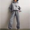 2026 Womens Solid Color Hooded Sweatshirt Jogger Pants Set Casual Two-Piece Outfit Collection
