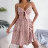 V-Neck Bowknot Decor Hollow Out Loose Hem Summer Dress Women Floral Leaves Print Sling Dress Streetwear