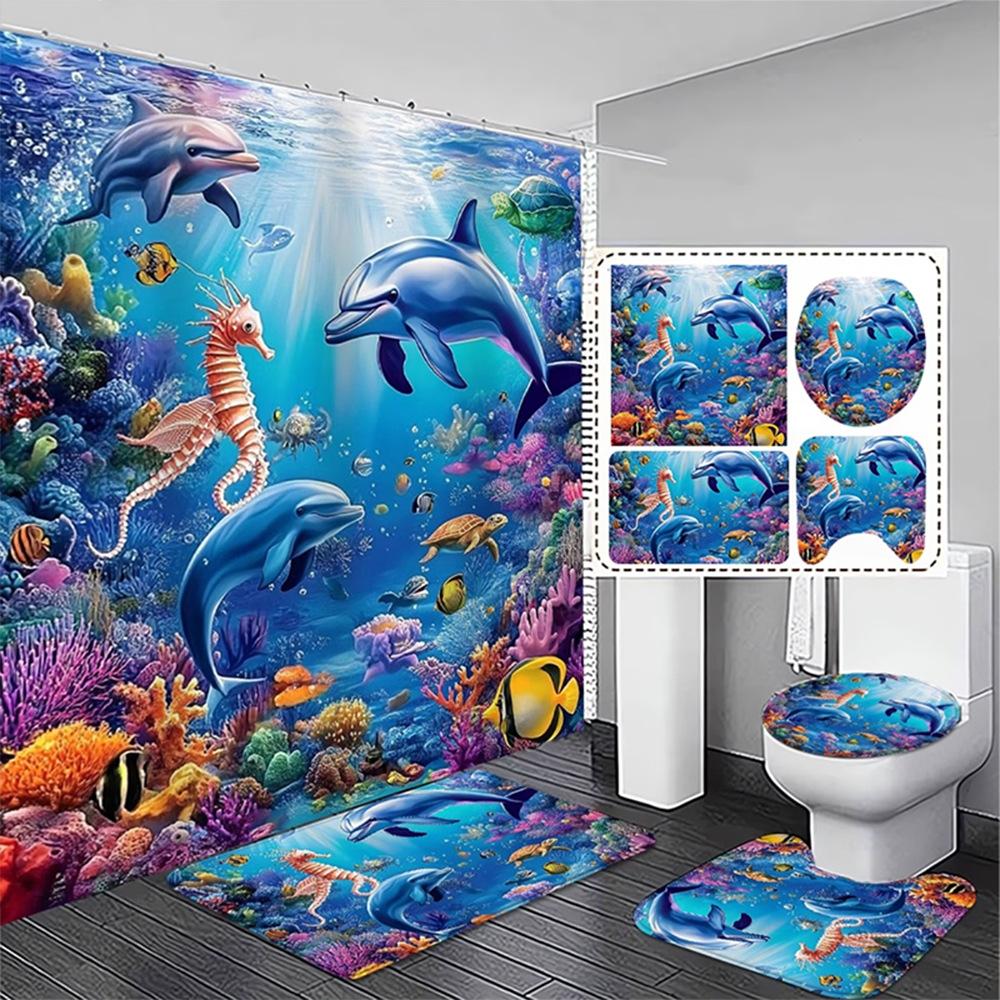 Dunkelblau Rose Schmetterling Muster Duschvorhang Set, Rutschfester Badezimmerteppich, Toiletten-U-förmiges Kissen, Toilettensitzbezug Kissen