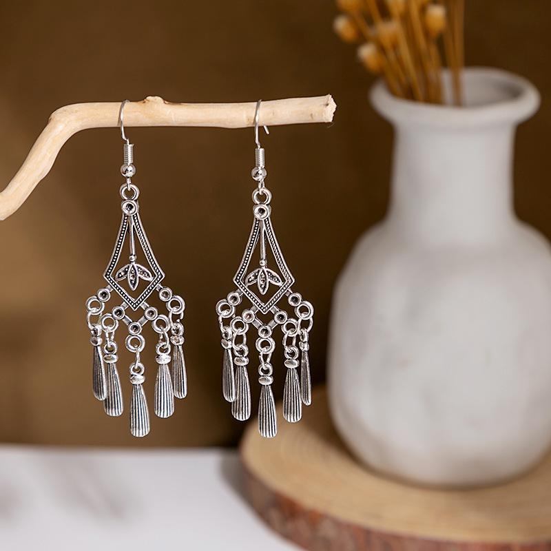 Peacock Tassel Earrings with Hollow Leaf Design in Retro Ethnic Style Imitation Silver for Women