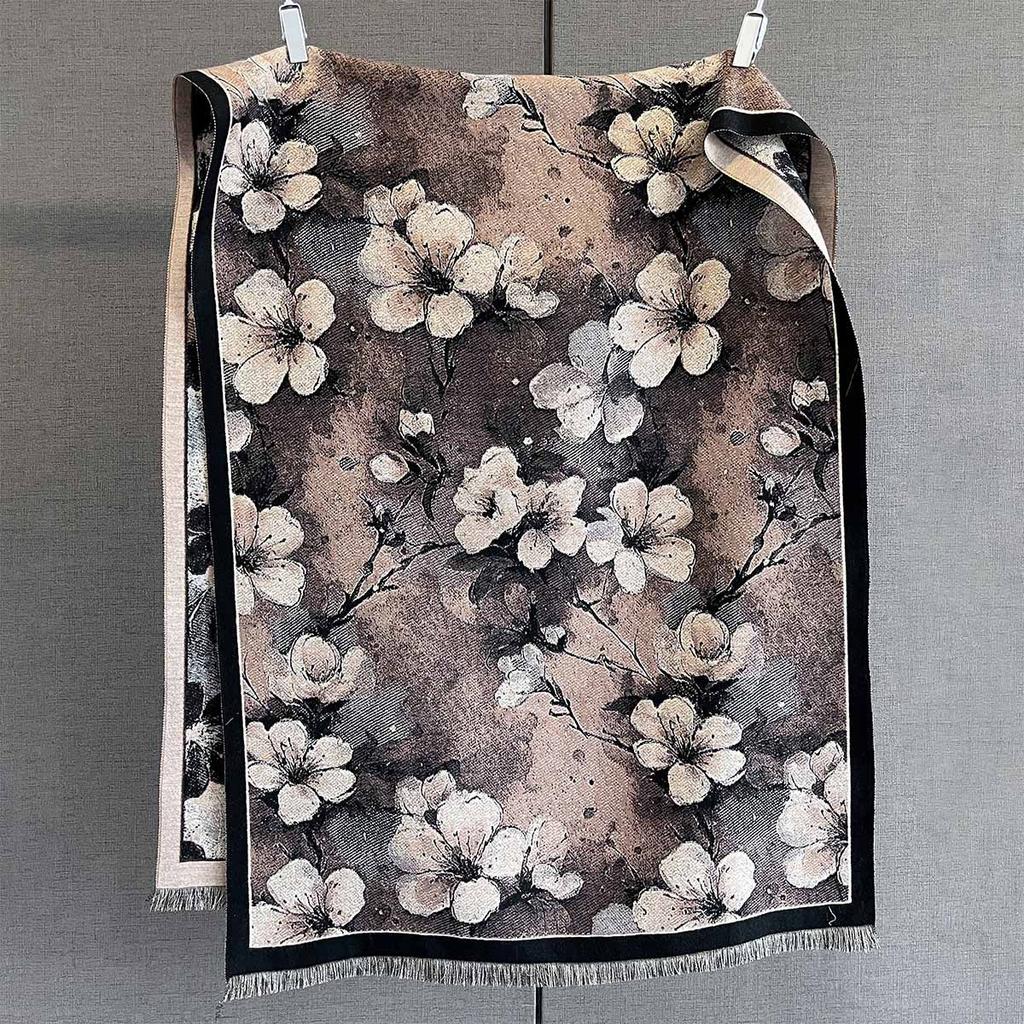 Autumn New Plant Flower Print Scarf Autumn and Winter Imitation Cashmere High-end Warm Scarf Shawl Women