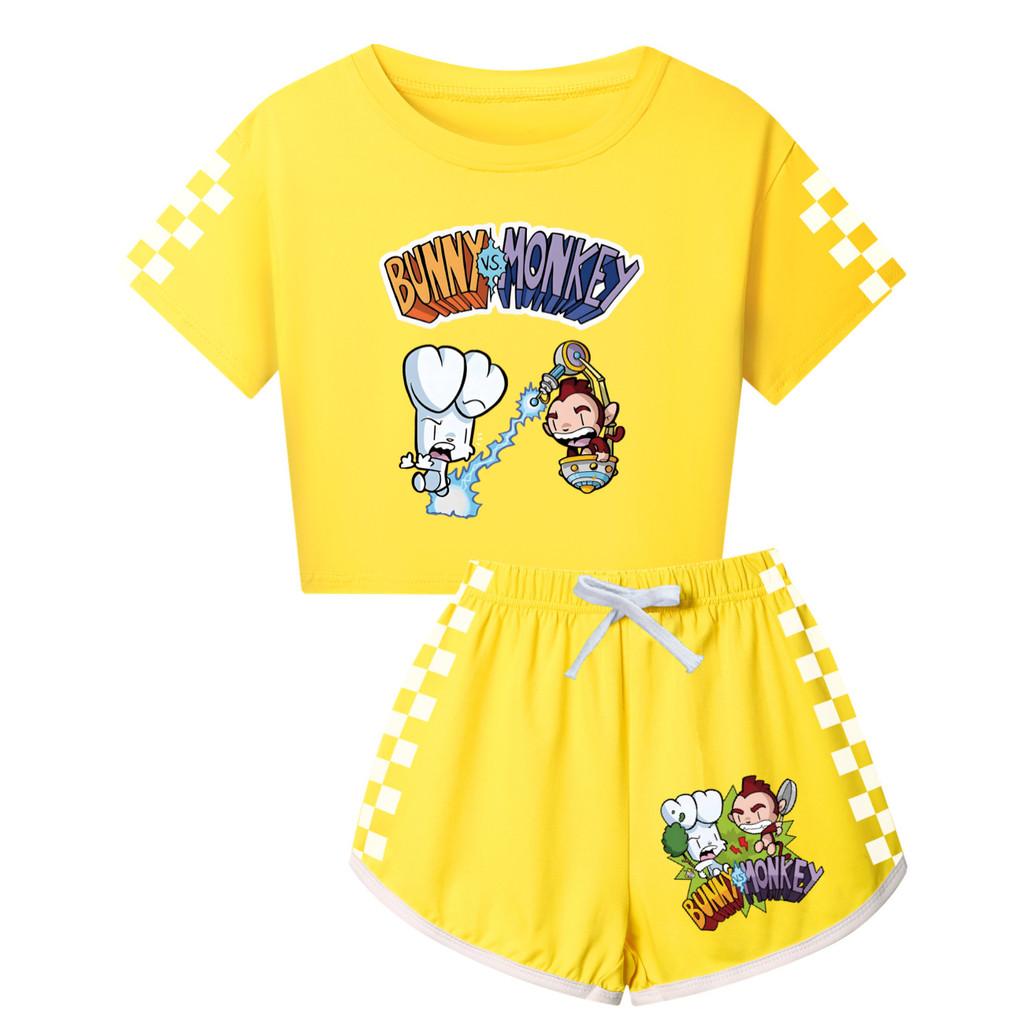 4187 Children Girls Bunny Monkey Print Short Sleeves T-Shirt Shorts Pants Tracksuit Clothes Set