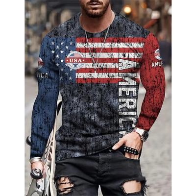 Mens Long Sleeve Vintage USA Flag Print T-Shirt Breathable Tee for Summer - Perfect for Patriotic Mens Clothing and Casual Outings
