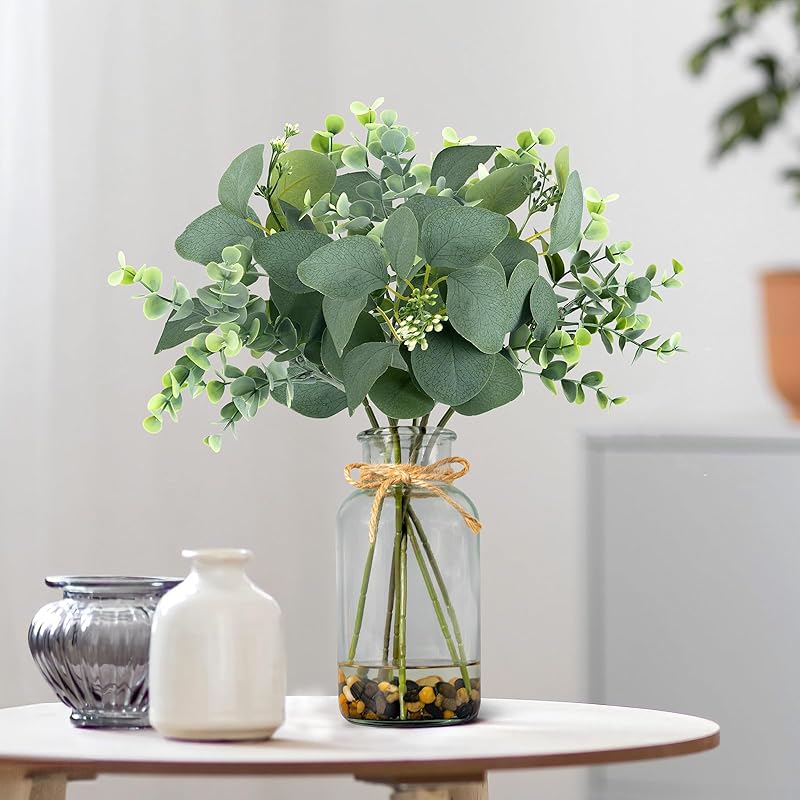 MACTING Artificial Eucalyptus Stems in Glass Vase with Faux Water Stones 14" Fake Sage Green Plants Eucalyptus Leaves for Table Centerpieces Bathroom