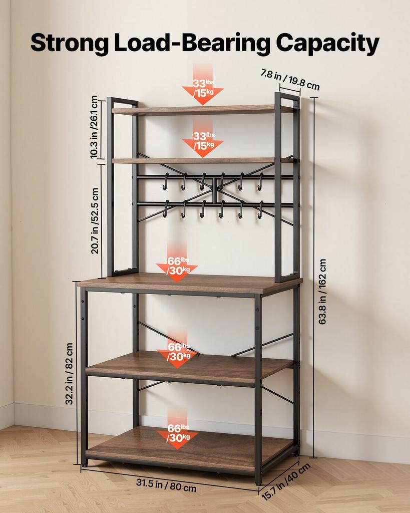 Kitchen Bakers Rack, 800 Mm Width Bakers Rack, Kitchen Stand with X-Shaped Support Bar, 12 S-Shaped Hooks, Double-Layer Top Shelf, Coffee Bar Stand