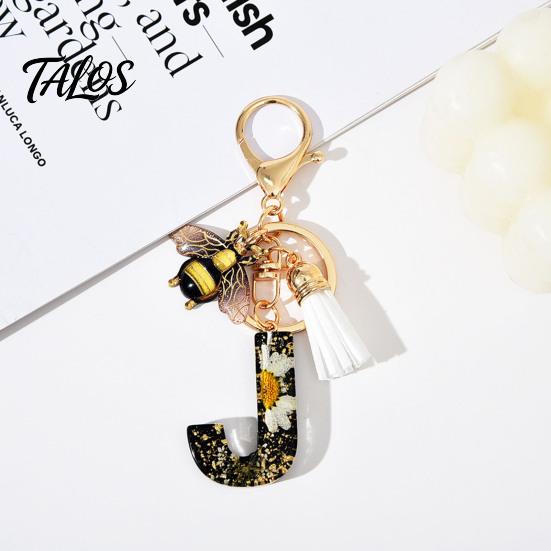 Talos Black Series Keychain Pendant, Dried Flower Initial Letter Charm Key Chain with Bee Tassel Design, A-Z Holder for Bag Purse Backpack