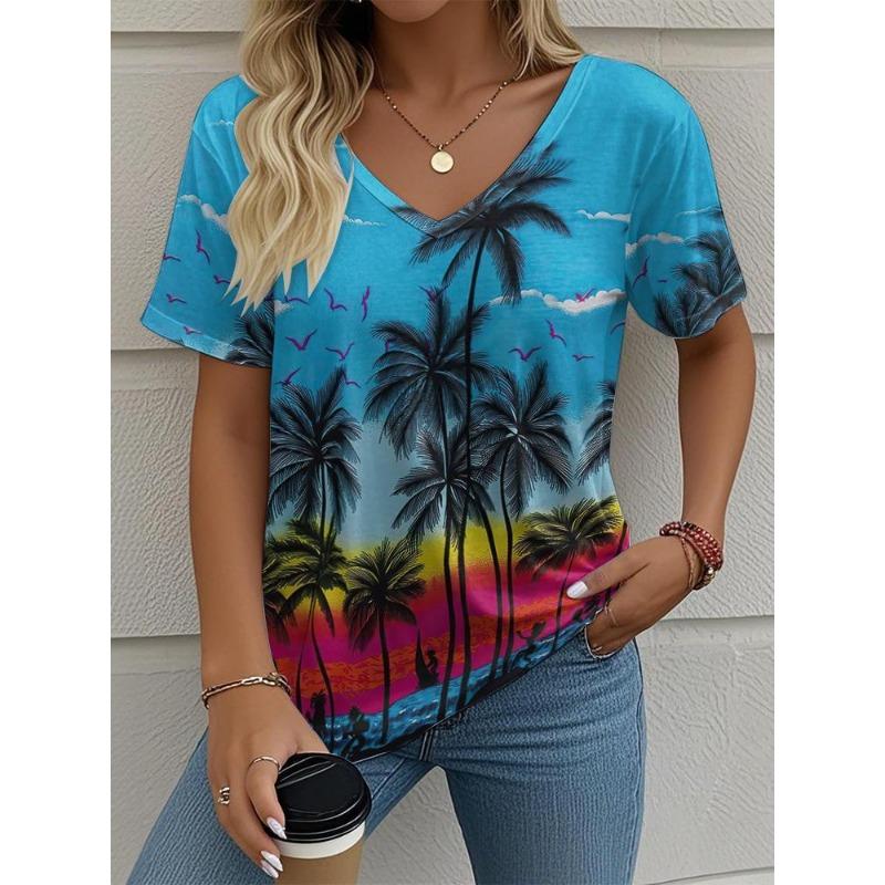 Women's T-Shirt Coconut Tree Pattern 3d Printing Fashion Casual V-Neck Short-Sleeved Beach Style Outdoor Women's Clothing