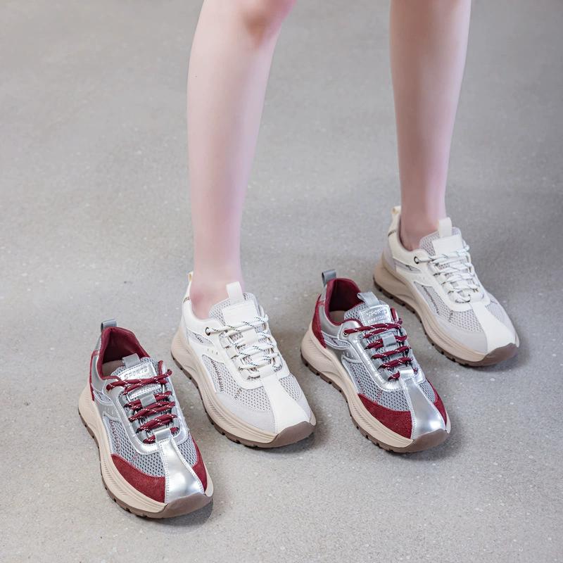 GKTINOO 2025 Spring Platform Sneakers Women Genuine Leather Mesh White Shoes Round Toe Lace-Up Thick Sole Flats Ladies Shoes