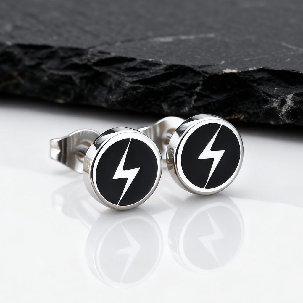 Punk Enamel Lightning Stud Earrings for Men,Stainless Steel Round Stud Earrings,Male Hiphop Piercing Jewelry Gift