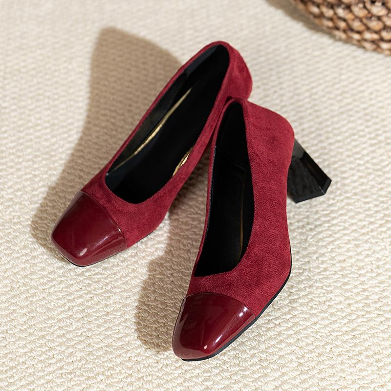 Fashion Square Toe High Heels Women's 2025 New Brown Temperament Light Mouth Color Block Commuter Versatile Block Heel Single Shoes