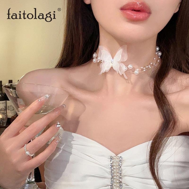 Korean Butterfly Imitation Pearl Chain Choker Necklace Fairy Butterfly Layered Pearl Clavicle Chain Necklaces Women Jewelry