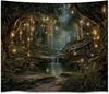 xyeey Gothic Fantasy Enchanted Forest Tapestry Mystical Waterfall Painting Wall Hanging Decor Fairy Lights Nature Landscape Art Vintage Tapestries for
