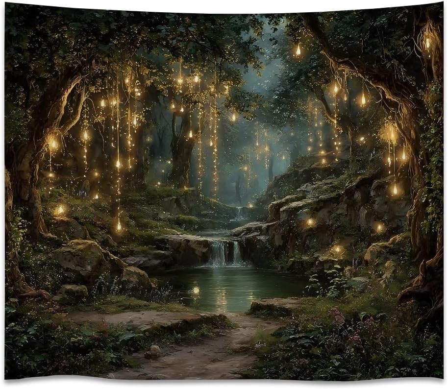 xyeey Gothic Fantasy Enchanted Forest Tapestry Mystical Waterfall Painting Wall Hanging Decor Fairy Lights Nature Landscape Art Vintage Tapestries for