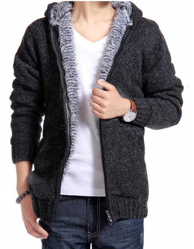 Men's Plus Size Hooded Zipper Knit Fleece Cardigan - European & American Style Sweater Coat Outerwear