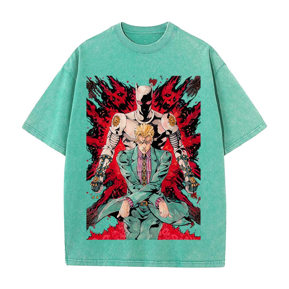 JoJo's Bizarre Adventure Yoshikage Kira Killer Queen Bedrucktes T-Shirt Herren Kleidung Gewaschenes Baumwoll-T-Shirt Vintage Lässig Streetwear