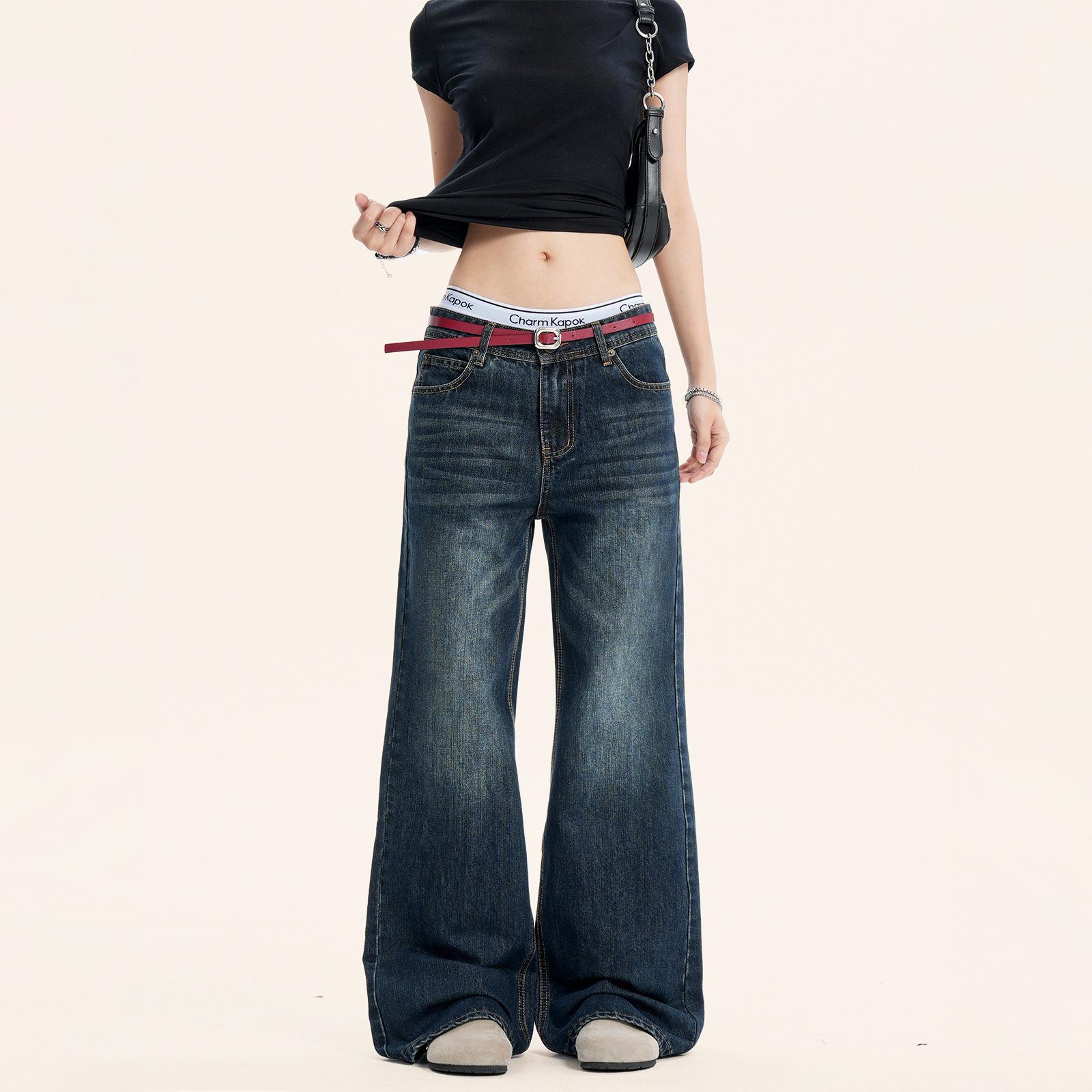 

Yongfang Unisex Retro Deep Blue Micro-Flare Jeans – Trendy, High-Street, Floor-Length Slimming Pants Double Extra Large глубокий/синий