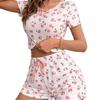 European & American Sexy Floral Print Rib-Knit Pajama Set with Camisole and Shorts