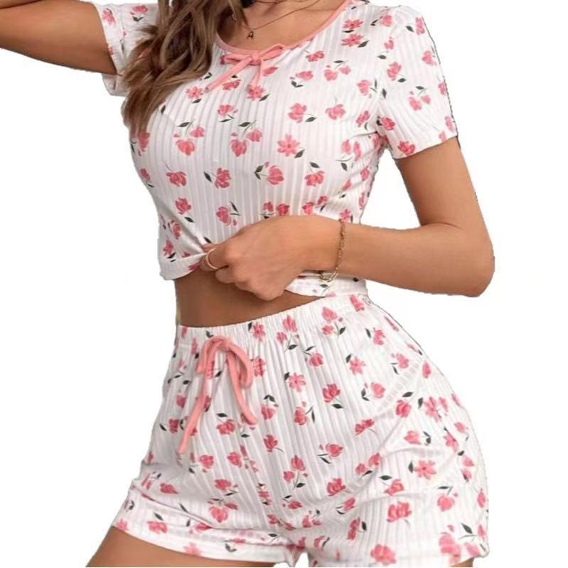 European & American Sexy Floral Print Rib-Knit Pajama Set with Camisole and Shorts