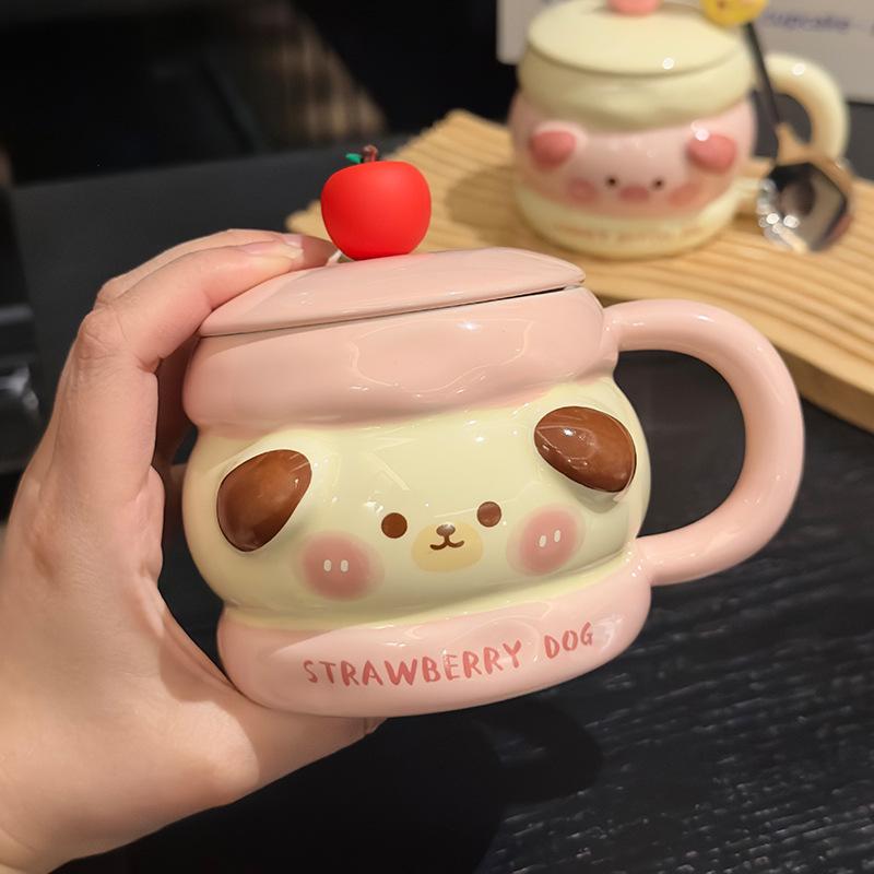 Cartoon Cute Sandwich Biscuit Ceramic Mug with Lid Spoon Cute Water Cup As A Gift for Girlfriends