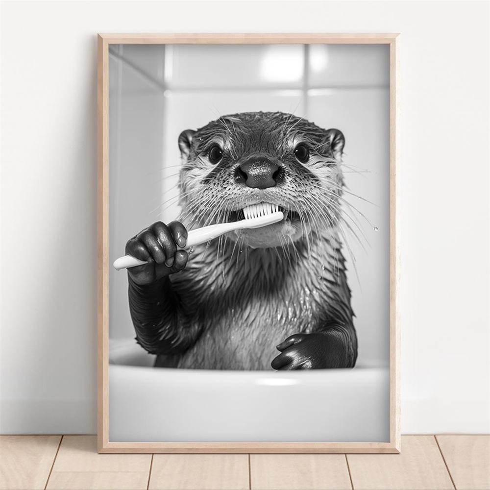 Funny Donkey Brushing Teeth Print Poster Quirky Bathroom Decor Funny Sheep Brushing Teeth Print Canvas Painting Bathroom Decor 21X30CMNo Framed