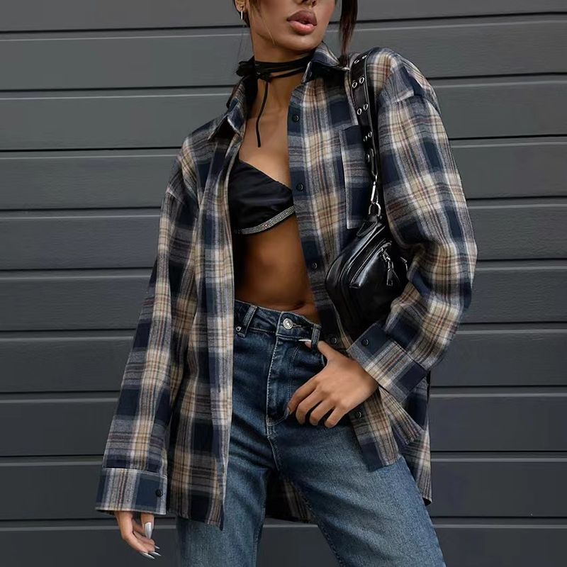 

New Arrival French Style Retro Checked Shirt Easiest for Match Loose Casual Polo Collar Shirt Fashion Plaid Shirt Plaid M